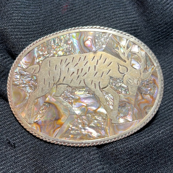 Hecho Mexico Silver & Mother Of Pearl Deer Belt Buckle
